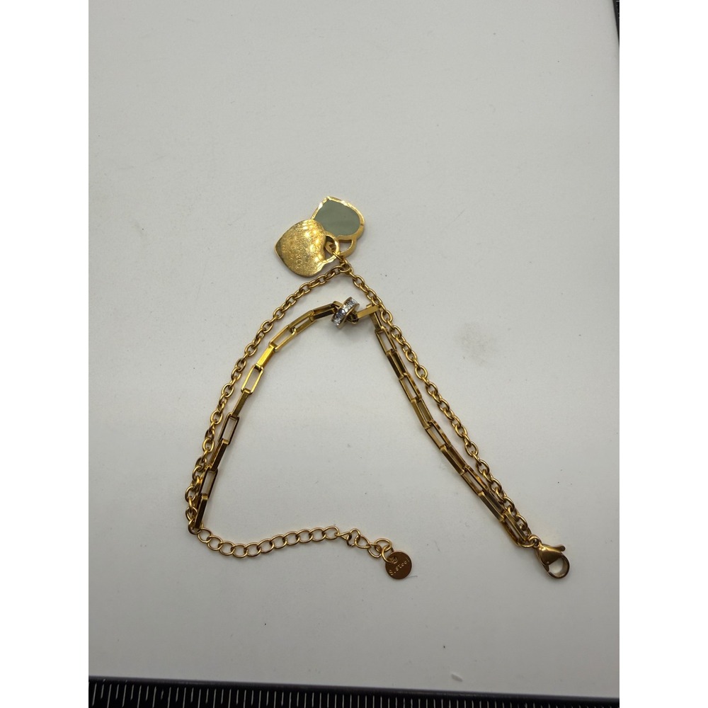Gold Tone Stainless Steel Double Layer Heart Charm Bracelet Mint Enamel Crystal